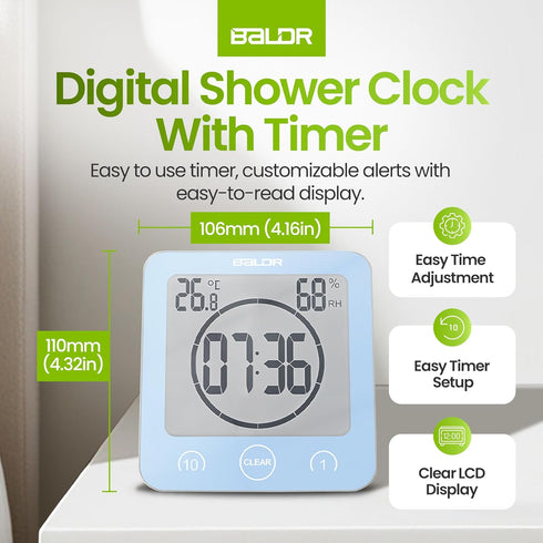 BALDR Digital Shower Clock - Blue - Water-Resistant Shower Countdown Timer with Temperature and Humidity, Digital Clock for Shower, Bathroom Clock...