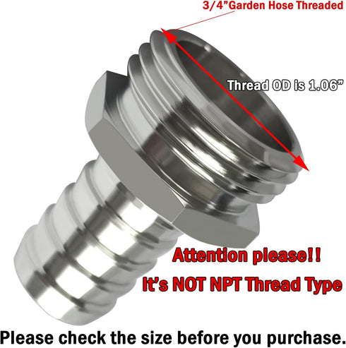 Beduan Stainless Steel Garden Hose Fitting 5/8" Barb x 3/4" GHT Male Thread Adapter Connector for Garden Hose Repair with Hose Clamp...
