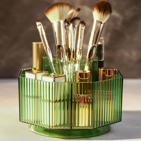 Makeup Brush Holder, 360° Rotating Makeup Organizer for Vanity with 5 Slot Large Capacity Spinning Cosmetic Display Case Skin Care Tray for Counte...