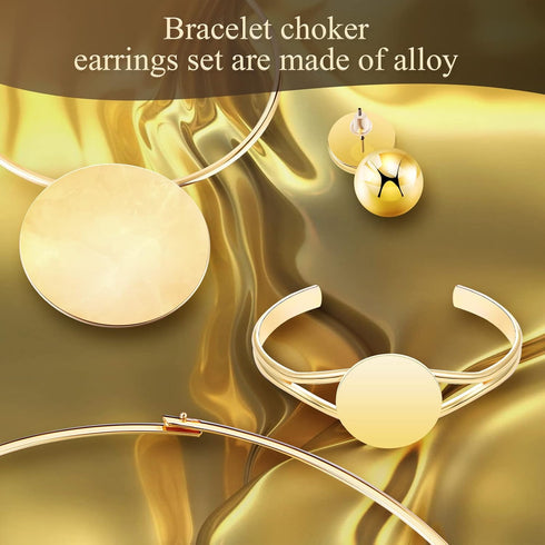 3 Pcs African Jewelry Sets Gold Choker Earrings Bracelet, African Collar Statement Necklace, Stud Earrings, Open Hoop Bracelet for Nigerian Costum...