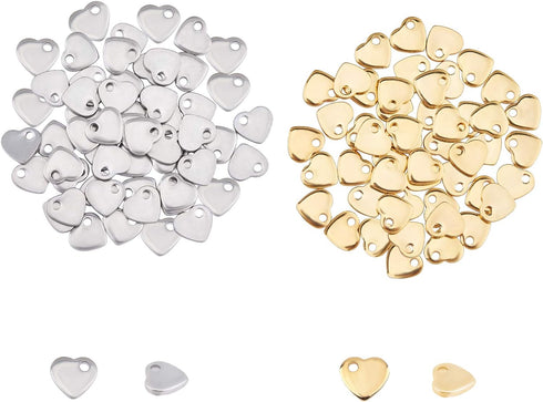 UNICRAFTALE 100pcs 2 Colors Flat Heart Pendants - Tiny Love Stainless Steel Hypoallergenic Metal Charm - 1mm Hole for DIY Jewelry Findings - 6mm W...