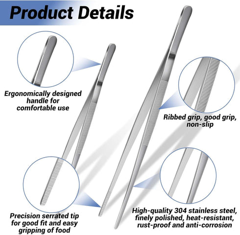 2Pcs Stainless Steel Kitchen Tweezers, Professional Kitchen Tweezer Tongs, Extra-Long Food Tweezers with Precision Serrated Tips for Cooking Repai...