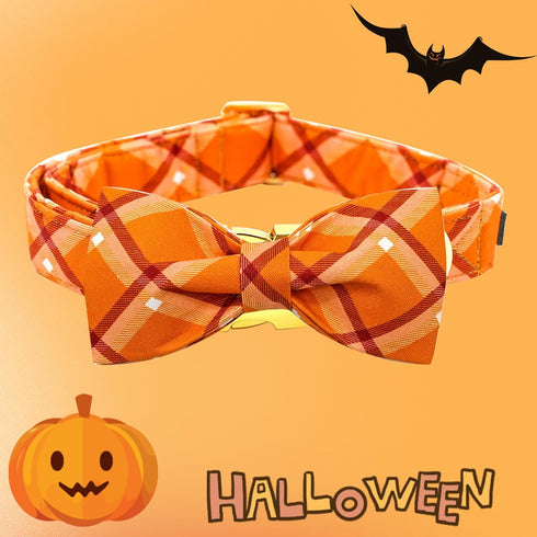 Fall Dog Collar, Pet Collar Dog Bow Orange Plaid Dog Collar Girl Boy Holiday Pet Dog Collar Gift Bow Dog Collar Cute Soft Puppy Collar for Large D...