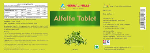 HERBAL HILLS Alfalfa Tablets | 120 Count | Source of Vitamin A | Natural Green Superfoods...