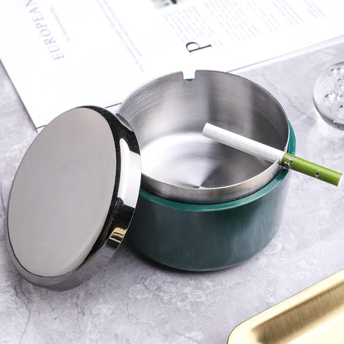 Smokeless Ashtray with Lid Ash Tray with Stainless Steel Liner Inside Cool Ashtrays for Cigarettes Outdoor Patio Home Office Tabletop?Dark Green)...