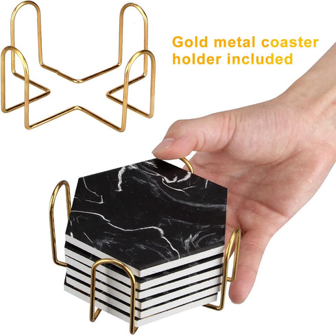 Cool Black Marble Coaster Set with Holder Hexagon Absorbent Coasters Modern Ceramic Coster 6 Pack Best Stone Drink Coaster Beverage Coffee Table D...