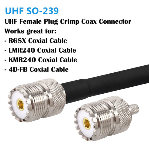 RG8x SO239 Crimp Connector - UHF Female Coax Adapter Connectors for RG8X/ LMR240/ Mini8/ 4D-FB Coaxial Cable (Pack of 5)...