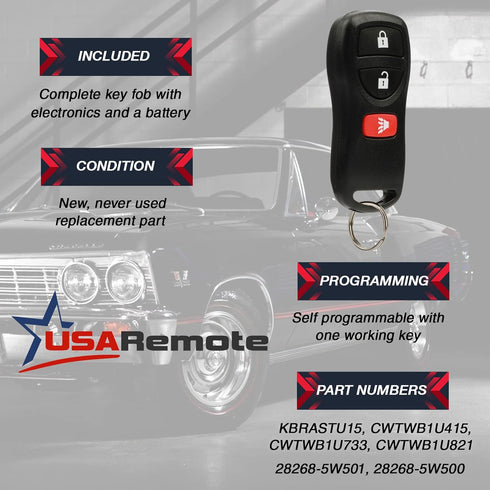 Car Key Fob Keyless Entry Remote with Ignition Key fits Nissan, Infiniti (KBRASTU15 3-Btn)...