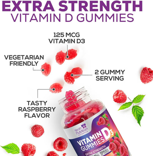 Vitamin D3 Gummies Extra Strength 5000 IU (125 mcg) - Bone, Teeth, Muscle & Immune Support Vitamin D Gummy Dietary Supplement, Nature's Berry Vita...