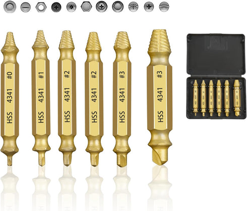 6 Pieces Gold Screw Extractor Kit,HSS 4341 Damaged Screw Extractor Set,Remover for Stripped Head Screws Nuts & Bolts Drill Bit Tools...