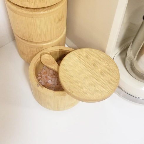 Salt Box with Lid and Spoon Bamboo Salt Container Kitchen Spice Cellars with Swivel Lid Built in Spoon Salt Holder for Storage Sea Salt 12oz Capac...