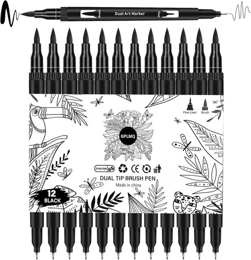 Black Drawing Pens, 12 Pack Felt Tip Markers for Adults and Kids, Dual Tip Brush Fineliners Pens for Art Drawing Sketching...