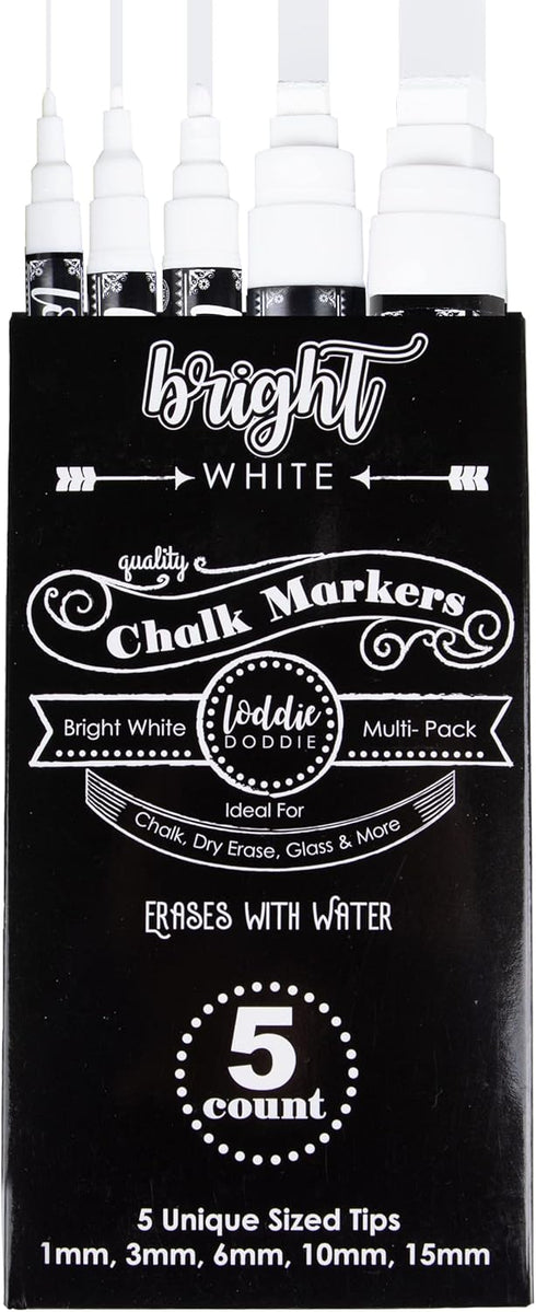 Loddie Doddie White Chalk Markers for Signs, Blackboard, Car Window, Glass - 5 Unique Tips - Ultra Fine, Fine, Medium, Broad & Jumbo Tips - Erasab...