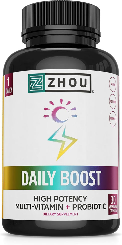 Zhou Nutrition Daily Boost Multivitamin with Probiotic, Zinc, Vitamin C, D3, B Complex for Immune Support, Energy and Digestive Health | Vegan, Gl...
