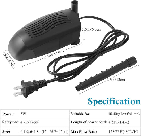 FEDOUR 4W 5W Adjustable Aquarium Internal Filter, Submersible Filter with Spray Bar, Water Pump for 1-40 Gallon Fish and Turtle Tank (for 5-40 gal...