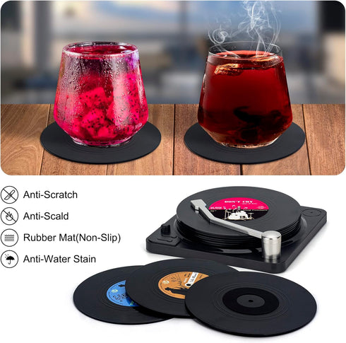 Valdivia Funny Retro Vinyl Record Coasters with Player, 6 Pcs Music Coasters for Drinks, Bars, Party, Birthday Gifts for Music Lovers, Home Decor ...