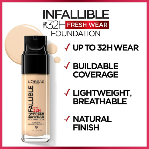 L'Oreal Paris Makeup Infallible Up to 32 Hour Fresh Wear Lightweight Foundation, 455 Natural Buff, 1 Fl Oz, Packaging May Vary...
