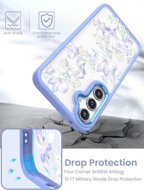 for Samsung Galaxy A35 5G Case+Tempered Glass Screen Protector,Military Grade Protective Slim Soft TPU & Hard PC,Girls Women Crystal Clear Flower ...
