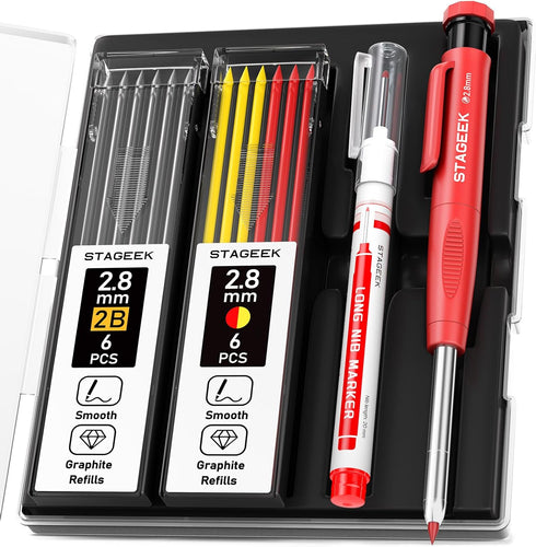 Carpenter Pencils Set with Sharpener, Heavy Duty Woodworking Tools, Construction Pencil with 13 Refills, Mechanical Pencil and Deep Hole Long Nib ...