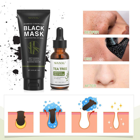 SHVYOG Blackhead Peel Off Face Mask, 3-in-1 Blackhead Remover Mask with Brush & Tea Tree Oil Serum, Charcoal Mask for Deep Cleansing Dirts, Pores,...
