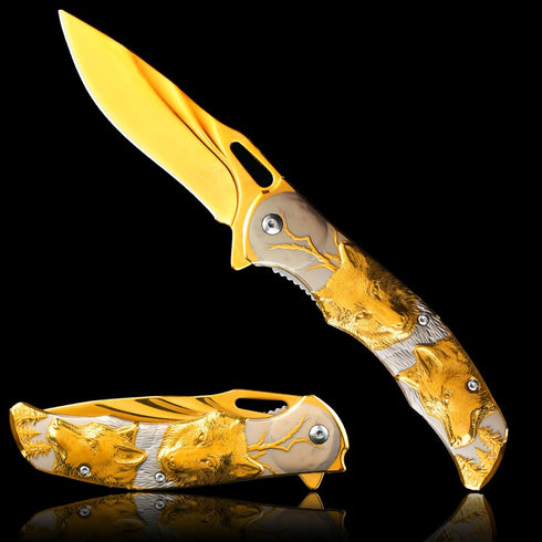 Pocket Knife for Men, Folding Knife With Clip & 3D TITANIUM PLATED WOLF Relief, Embossed Edc Knife For Men Outdoor Survival Camping Hiking hunting...
