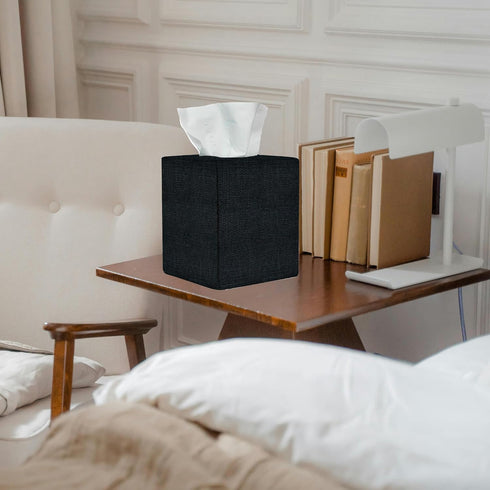 Black Tissue Box Cover, Cute Linen Fabric Decorative Square Tissue Box Holder/Organizer for Bathroom Vanity Countertop/Office/Nightstand/Desk...