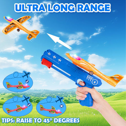 6 Pack LED Airplane Launcher Toys with 2 Launchers, 2 Flight Mode Glider Catapult Plane with Stickers, Flying Outdoor Toys for 3 4 5 6 7 8 9 10 11...