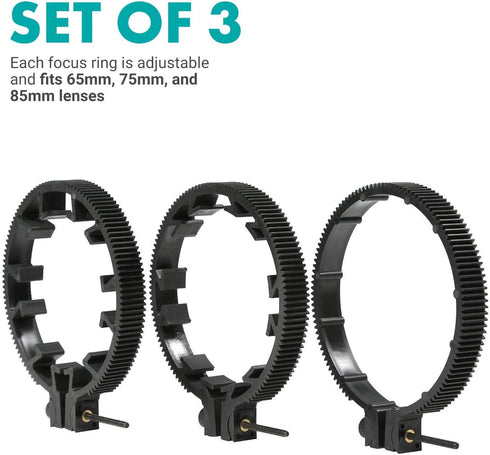 Movo FR3 Adjustable Follow Focus Ring Set of 3 with 65mm, 75mm and 85mm Lens Gear Rings (Standard 32 Pitch - 0.8 mod)...