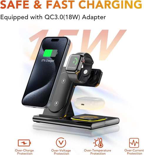 3 in 1 Foldable Charging Station for Apple Products,Fast Wireless Charger Travel Dock Adapter&Light for iPhone 15/14/13/12/11/X/XS/XR 8,iWatch Ult...