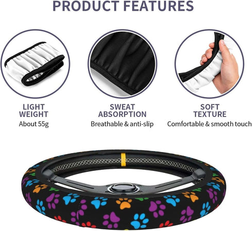 Paw Print Steering Wheel Cover Anti-Slip and Practical 14.5-15 Inch Universal Car Steering Wheel Cover with 2 Pieces Car Coasters Suitable for Men...