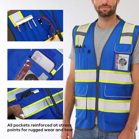 Reflective Safety Vest Blue Mesh, High Visibility Vest with Pockets and Zipper, Padded Neck, Blue with Yellow Trim L...