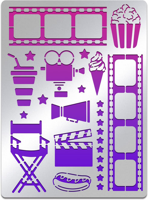 BENECREAT Movie Projector Pattern Stainless Steel Stencils, 5.5x7.5inch Movie Tape Popcorn Ice Cream Pattern Painting Template Journal Tool for Wo...