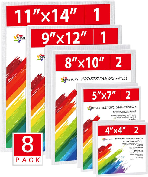 Simetufy 8 Pack Canvas Boards for Painting Multi-Size Paint Canvas Panels Set 4x4, 5x7, 8x10, 9x12, 11x14 Inches Pre-Primed 100% Cotton Blank Canv...
