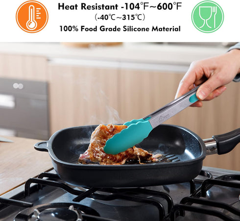 HOTEC Premium Stainless Steel Locking Kitchen Tongs with Silicon Tips, Set of 2-9" and 12", Blue...