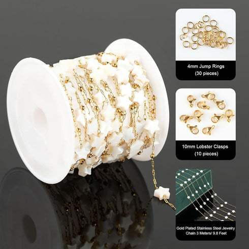 UMAOKANG 3 Yard White Shell Star Chain for Jewelry Making, Gold Plated Stainless Steel Jewelry Making Chain Roll with Jewelry Findings...
