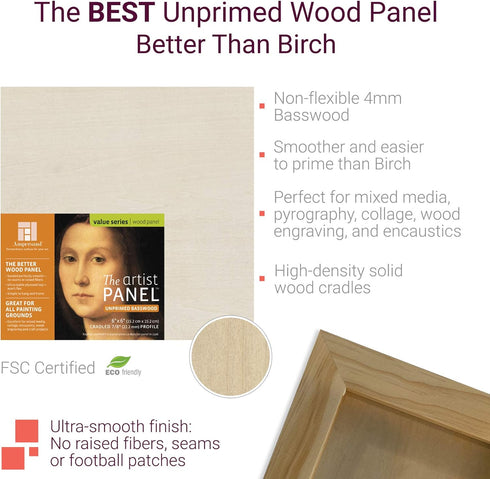 Ampersand Art Supply Unprimed Basswood Artist Panel, 1-1/2" Cradled Profile, 5"x7"...