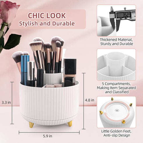 360°Rotating Makeup Organizer, 5 Slot Makeup Brush Holder, Spinning Cosmetic Organizer for Vanity, Bedroom(White)...