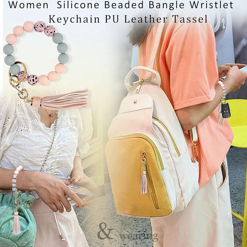 BIHRTC Keychain Bracelet Silicone Key Ring Wristlet with Leather Tassel Wrist Key Ring Bangle Silicone Bead keyring for Women Girls...