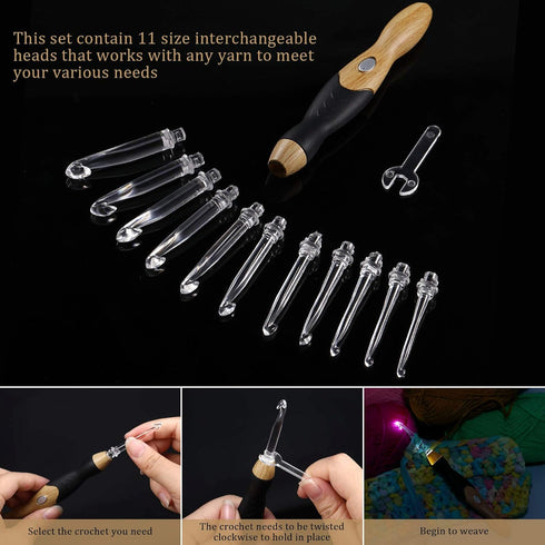 11 Sizes Lighted Crochet Hooks Set Rechargeable Crochet Hook Light Up Hooks with Case, Interchangeable Heads 2.5 mm to 8 mm for DIY Craft Supplies...