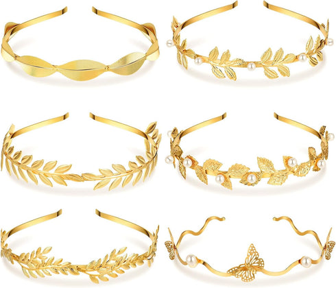 6 Pcs Gold Leaf Wedding Headbands Set Flower Faux Pearls Headband Golden Bridal Tiara Greek Queen Crown Headpiece Metal Laurel Leaf Hairband for W...