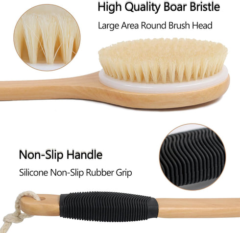 OWIIZI Round Head Back Scrub Brush for Body Shower, Wooden Long Handle Bristles Tub Soaping Bath Brushes, Skin Exfoliator Scrubber Brush for Men W...