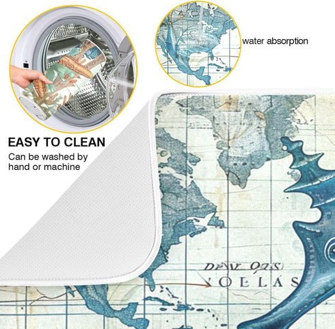 Nautical Ocean Seahorse Dish Drying Mat for Kitchen Counter 16x18 in Retro Map Microfiber Drying Mats Absorbent Reversible Dish Pad Medium Dish Dr...