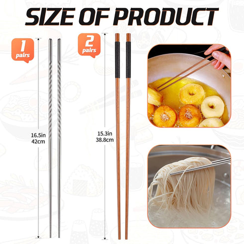 3 Pairs Extra Long Cooking Chopsticks - 15.3 Inch Stainless Steel and 16.5 Inch Wooden Kitchen Chopsticks for Hot Pot, Frying, Noodle, and Cooking...