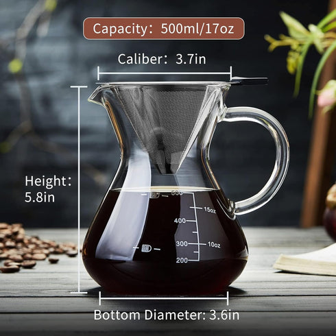 Unbreakable Pour Over Coffee Maker with Double Stainless Filter 17 fl oz, 4-5 Cups, Thickened Heat-Resistant Borosilicate Glass Dripper Coffee Pou...