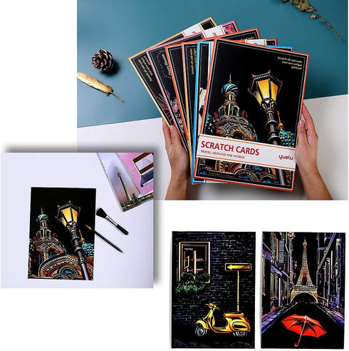 Scratch Art for Kids & Adult, Rainbow Engraving Painting Landscape Scratchboard(A4) Crafts Set: 8 Sheets 4 tools - Congress Building, Burj Al Arab...