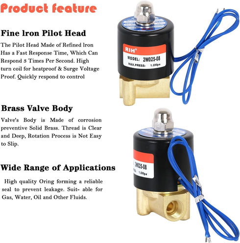 PNEUMATIC 1/4 Inch Electric Solenoid Valve Brass 12V/24V/110V 2 Way High Turn Coil Normally Closed Water 2W025-08 Liquid Air control DC12V...