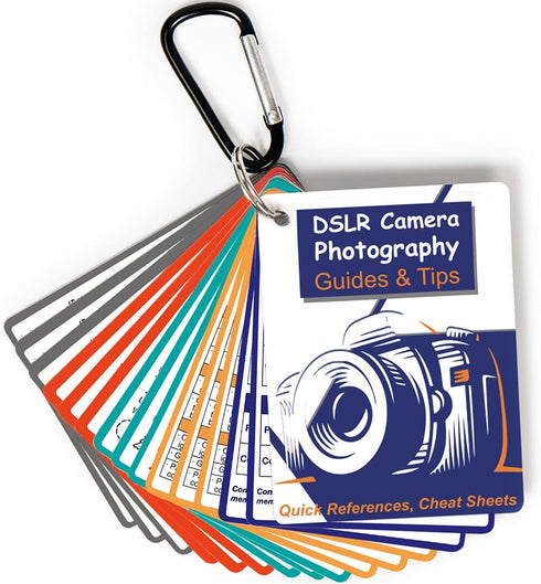 DSLR Cheat Sheet for Canon, Nikon, Sony, Camera Accessories Quick Reference Cards Photography Guides & Tips: Settings, Exposure, Modes, Compositio...