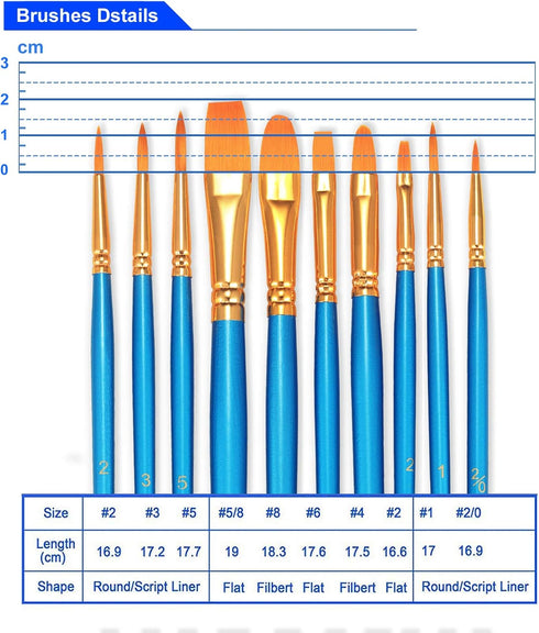 BOSOBO Paint Brush Set, 10pcs Round Pointed Tip Nylon Hair Artist Detail Paintbrushes, Professional Fine Acrylic Oil Watercolor Brushes for Face N...