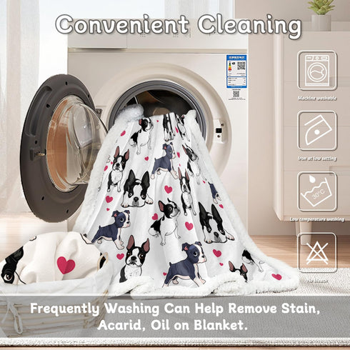BlessLiving Boston Terrier & Frenchie Dog Plush Blanket - Red Heart Cute Puppy Dog Cozy Fleece Throw for Kids, Girls & Women - White - 50 x 60 Inc...