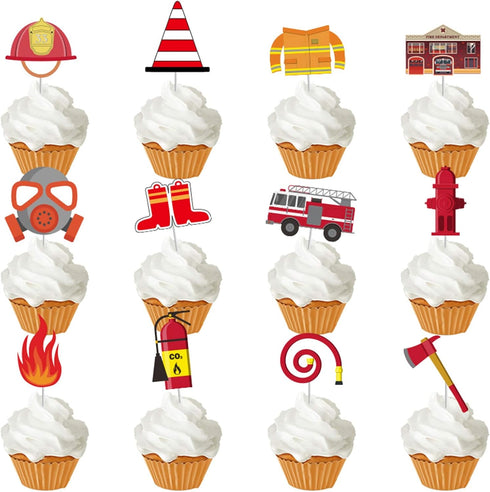 24 Pack Fireman Firefighter Cupcake Toppers Fire Truck Cupcake Toppers Fire Extinguishing Cupcake Toppers for Kids Adults Birthday Baby Shower Par...